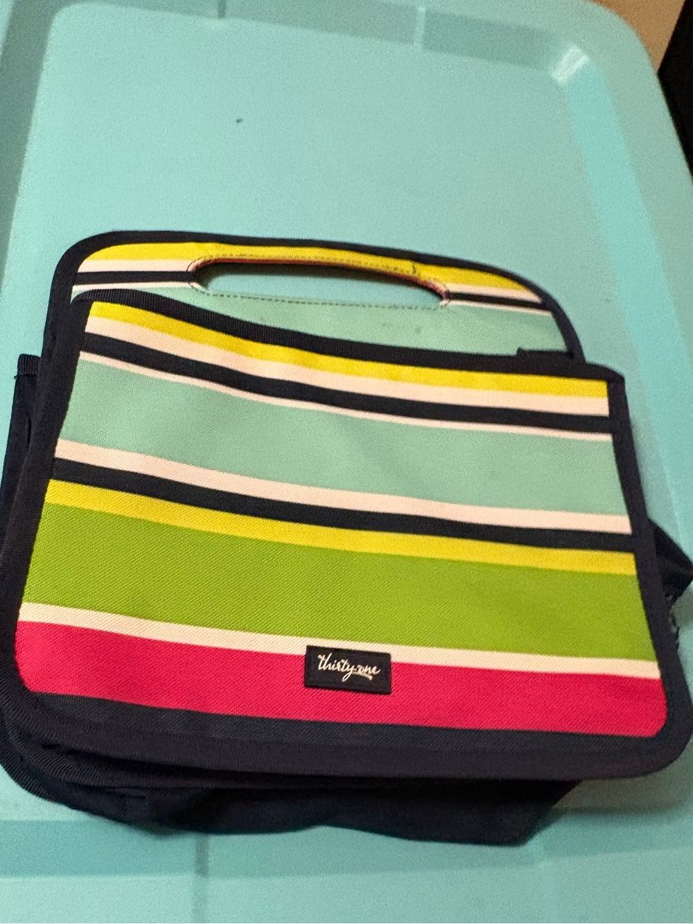 thirty-one Striped Tote in Mint, Lime, Coral & Navy